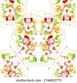 Abstract seamless pattern with plants, herbs and flowers, colorful botanical illustration.