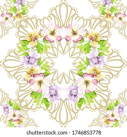 Abstract seamless pattern with plants, herbs and flowers, colorful botanical illustration.