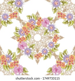 Abstract seamless pattern with plants, herbs and flowers, colorful botanical illustration.