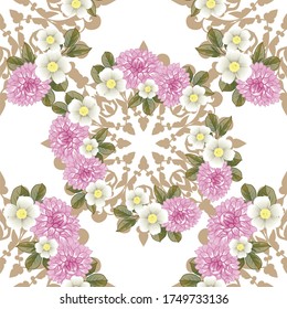 Abstract seamless pattern with plants, herbs and flowers, colorful botanical illustration.