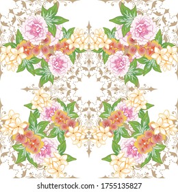 Abstract seamless pattern with plants, herbs and flowers, colorful botanical illustration.