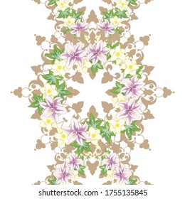 Abstract seamless pattern with plants, herbs and flowers, colorful botanical illustration.