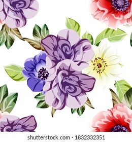 Abstract seamless pattern with plants, herbs and flowers