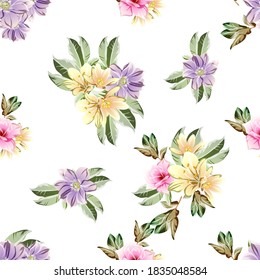 Resumen de patrón sin fisuras con plantas, hierbas y flores, colorida ilustración botánica.