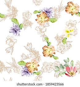 Abstract seamless pattern with plants, herbs and flowers