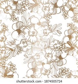 Abstract seamless pattern with plants, herbs and flowers, colorful botanical illustration.