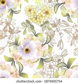 Abstract seamless pattern with plants, herbs and flowers, colorful botanical illustration.