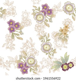 Abstract seamless pattern with plants, herbs and flowers