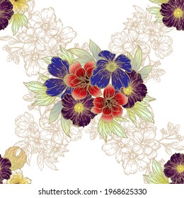 Abstract seamless pattern with plants, herbs and flowers, colorful botanical illustration.