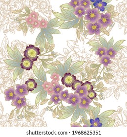 Abstract seamless pattern with plants, herbs and flowers, colorful botanical illustration.