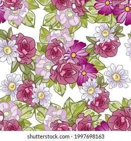 Abstract seamless pattern with plants, herbs and flowers, botanical illustration.