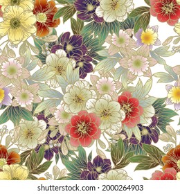 Abstract seamless pattern with plants, herbs and flowers, botanical illustration.