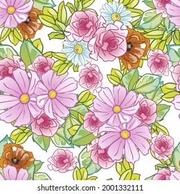 Abstract seamless pattern with plants, herbs and flowers, botanical illustration.