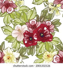 Abstraktes nahtloses Muster mit Pflanzen, Kräutern und Blumen, botanische Illustration.