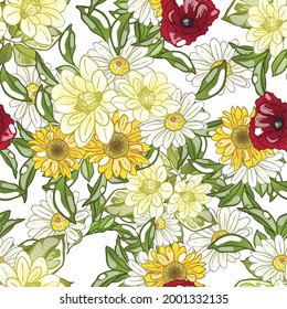 Abstract seamless pattern with plants, herbs and flowers, botanical illustration.