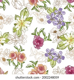 Resumen de patrón sin fisuras con plantas, hierbas y flores, ilustración botánica.