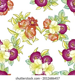 Abstraktes nahtloses Muster mit Pflanzen, Kräutern und Blumen, botanische Illustration.