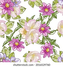Abstract seamless pattern with plants, herbs and flowers, botanical illustration.