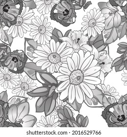 Abstract seamless pattern with plants, herbs and flowers, botanical illustration.