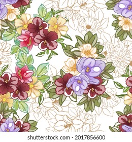 Abstract seamless pattern with plants, herbs and flowers, botanical illustration.