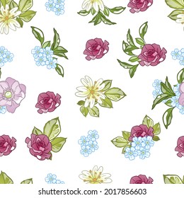 Abstract seamless pattern with plants, herbs and flowers, botanical illustration.