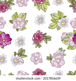 Abstract seamless pattern with plants, herbs and flowers, botanical illustration.