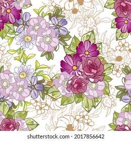 Abstract seamless pattern with plants, herbs and flowers, botanical illustration.