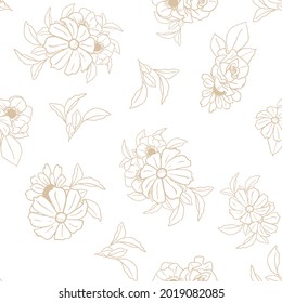 Abstract seamless pattern with plants, herbs and flowers, botanical illustration.