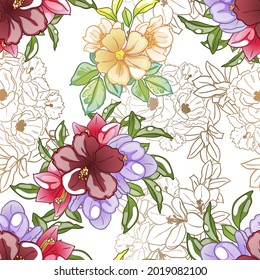Resumen de patrón sin fisuras con plantas, hierbas y flores, ilustración botánica.