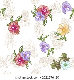 Abstract seamless pattern with plants, herbs and flowers, botanical illustration.