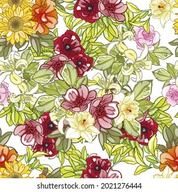 Abstraktes nahtloses Muster mit Pflanzen, Kräutern und Blumen, botanische Illustration.