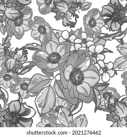 Abstract seamless pattern with plants, herbs and flowers, botanical illustration.
