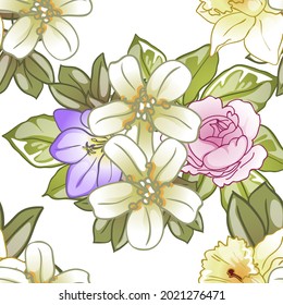 Abstraktes nahtloses Muster mit Pflanzen, Kräutern und Blumen, botanische Illustration.