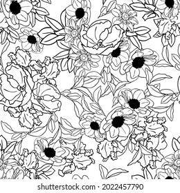Abstract seamless pattern with plants, herbs and flowers, botanical illustration.