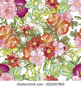 Abstraktes nahtloses Muster mit Pflanzen, Kräutern und Blumen, botanische Illustration.