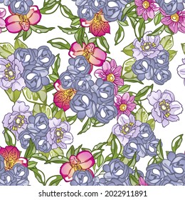 Abstract seamless pattern with plants, herbs and flowers, botanical illustration.