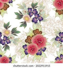 Abstract seamless pattern with plants, herbs and flowers, botanical illustration.