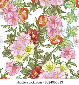 Abstract seamless pattern with plants, herbs and flowers, botanical illustration.