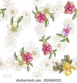 Abstract seamless pattern with plants, herbs and flowers, botanical illustration.