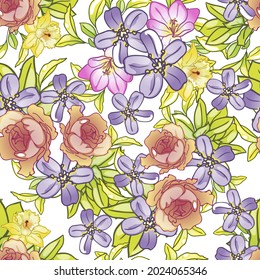 Abstract seamless pattern with plants, herbs and flowers, botanical illustration.