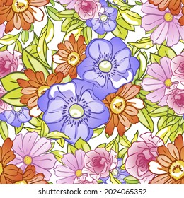 Abstract seamless pattern with plants, herbs and flowers, botanical illustration.