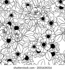 Abstract seamless pattern with plants, herbs and flowers, botanical illustration.