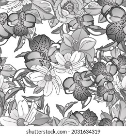 Abstraktes nahtloses Muster mit Pflanzen, Kräutern und Blumen, botanische Illustration.