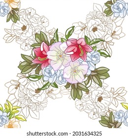 Abstract seamless pattern with plants, herbs and flowers, botanical illustration.