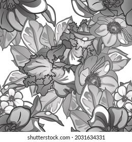 Abstract seamless pattern with plants, herbs and flowers, botanical illustration.