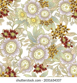 Abstract seamless pattern with plants, herbs and flowers, botanical illustration.