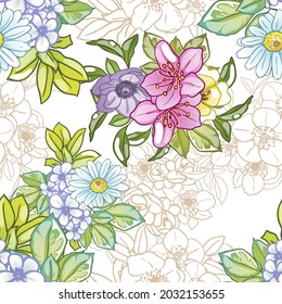 Abstract seamless pattern with plants, herbs and flowers, botanical illustration.