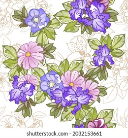 Abstract seamless pattern with plants, herbs and flowers, botanical illustration.