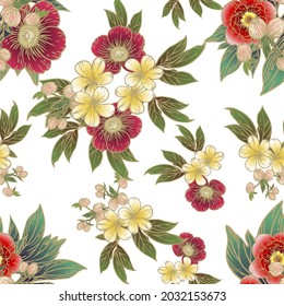 Abstract seamless pattern with plants, herbs and flowers, botanical illustration.