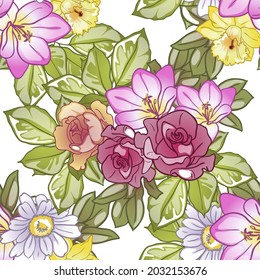 Abstract seamless pattern with plants, herbs and flowers, botanical illustration.